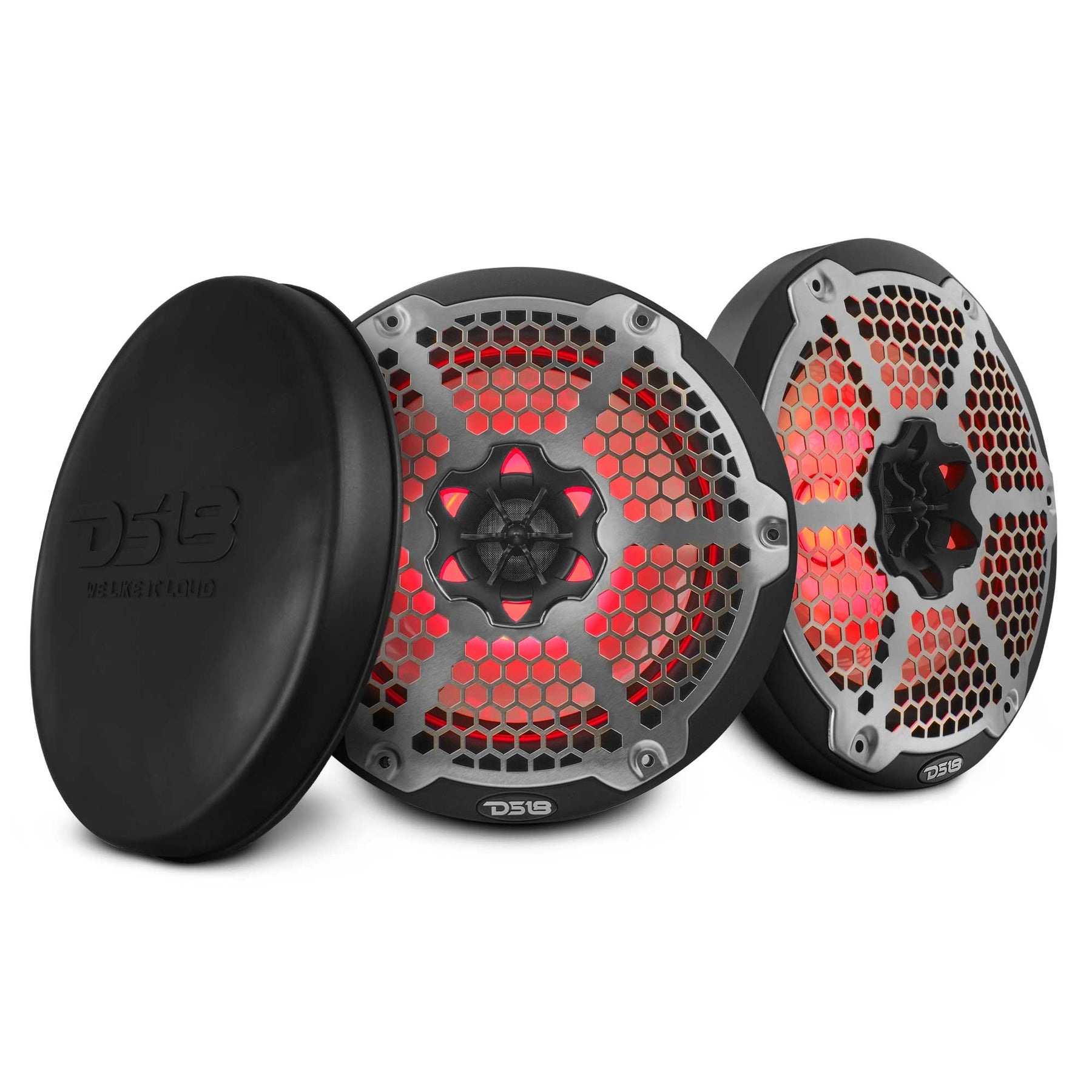 DS18 NXL-8M black 8-inch marine speakers with metal grilles and RGB lighting pair