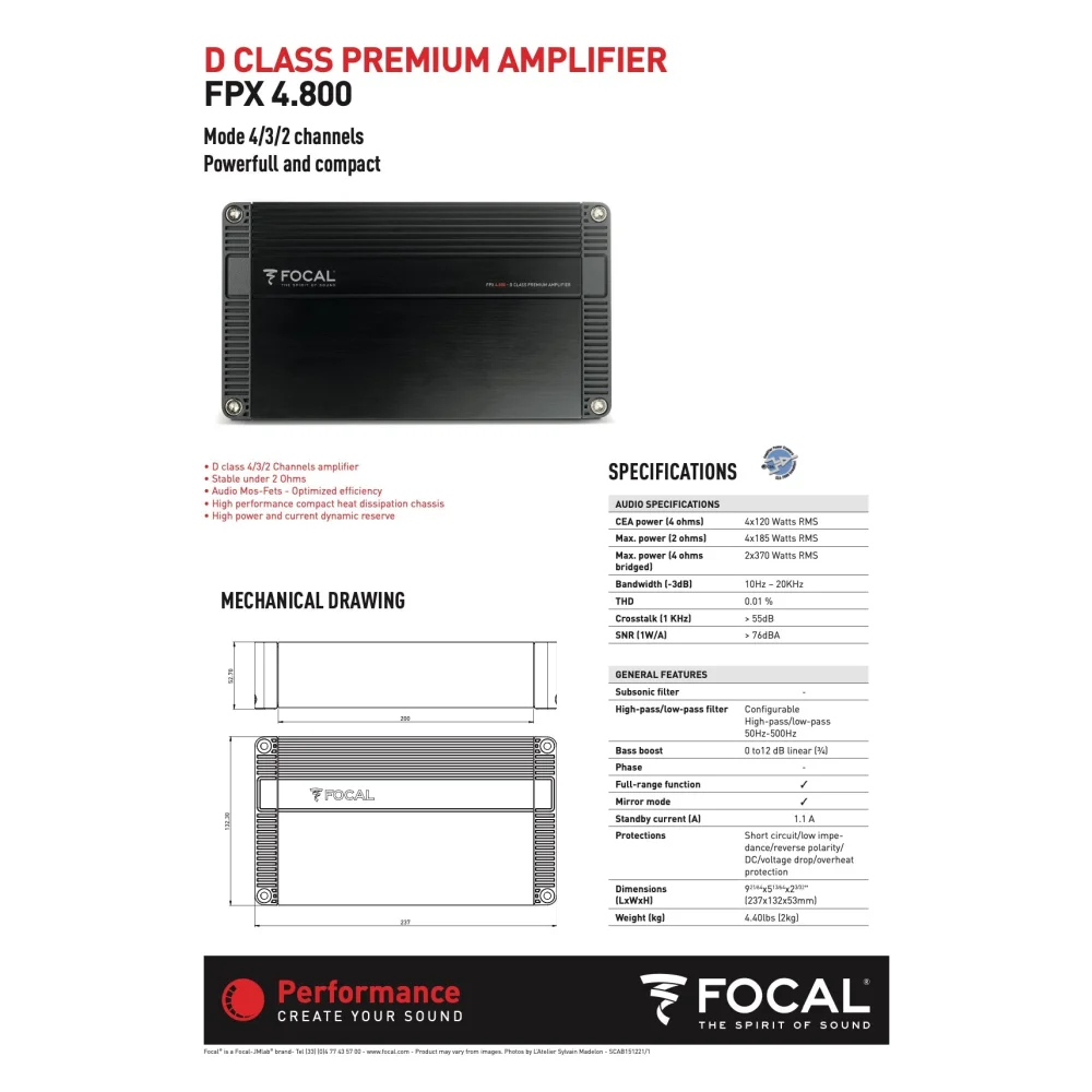 Fpx 4.800 Focal 4 Channel Performance Car Audio Amplifier