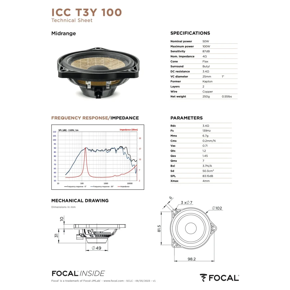 Icc T3y 100 Focal Inside Flax Center Channel Speaker