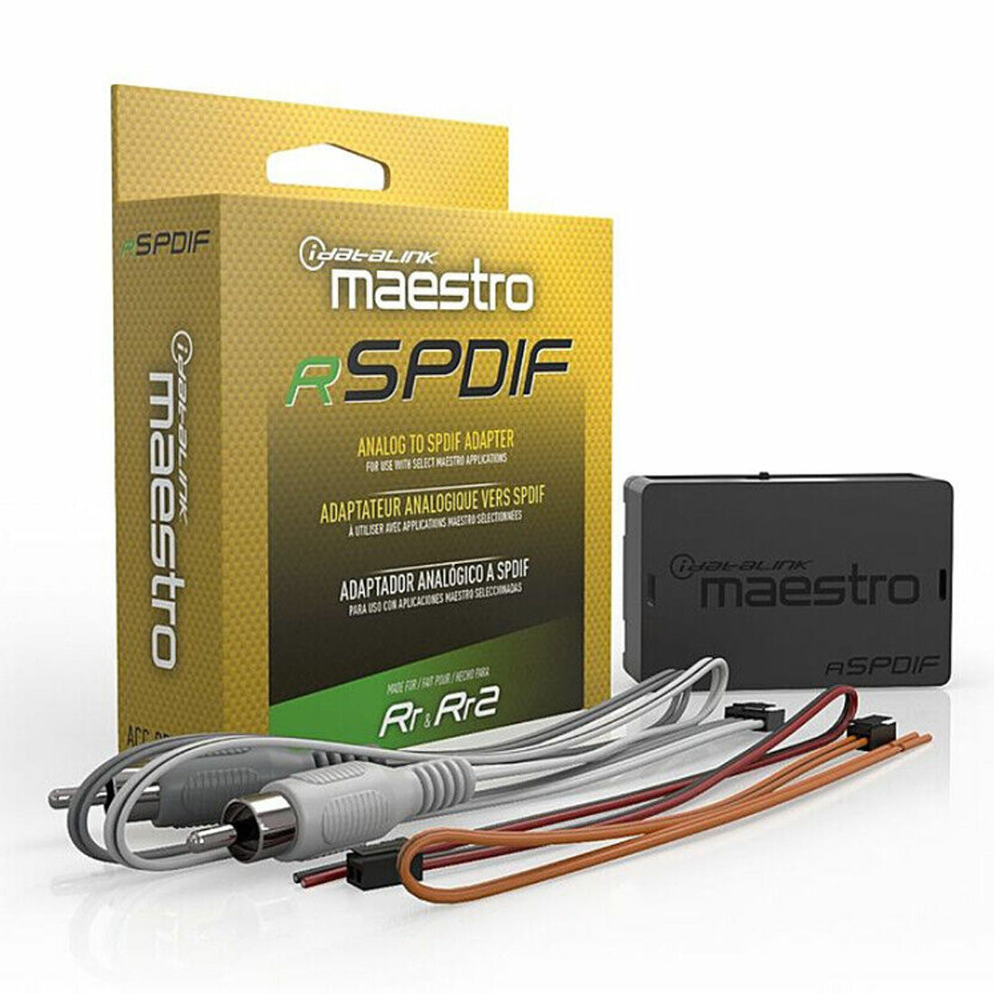 iDatalink Maestro ACC-AR-SPDIF audio converter with wiring and retail packaging