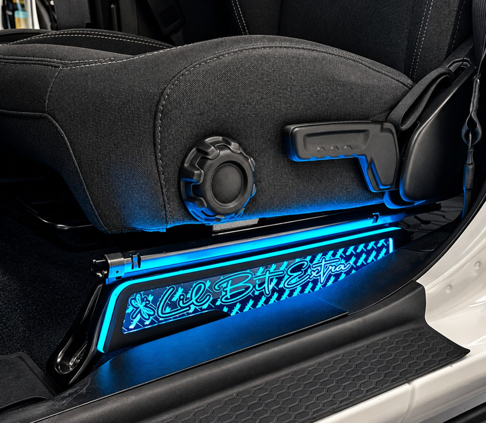 Lit FX Jeep JL JLU JT custom magnetic LED front seat-side cover with Lil Bit Extra artwork illuminated blue