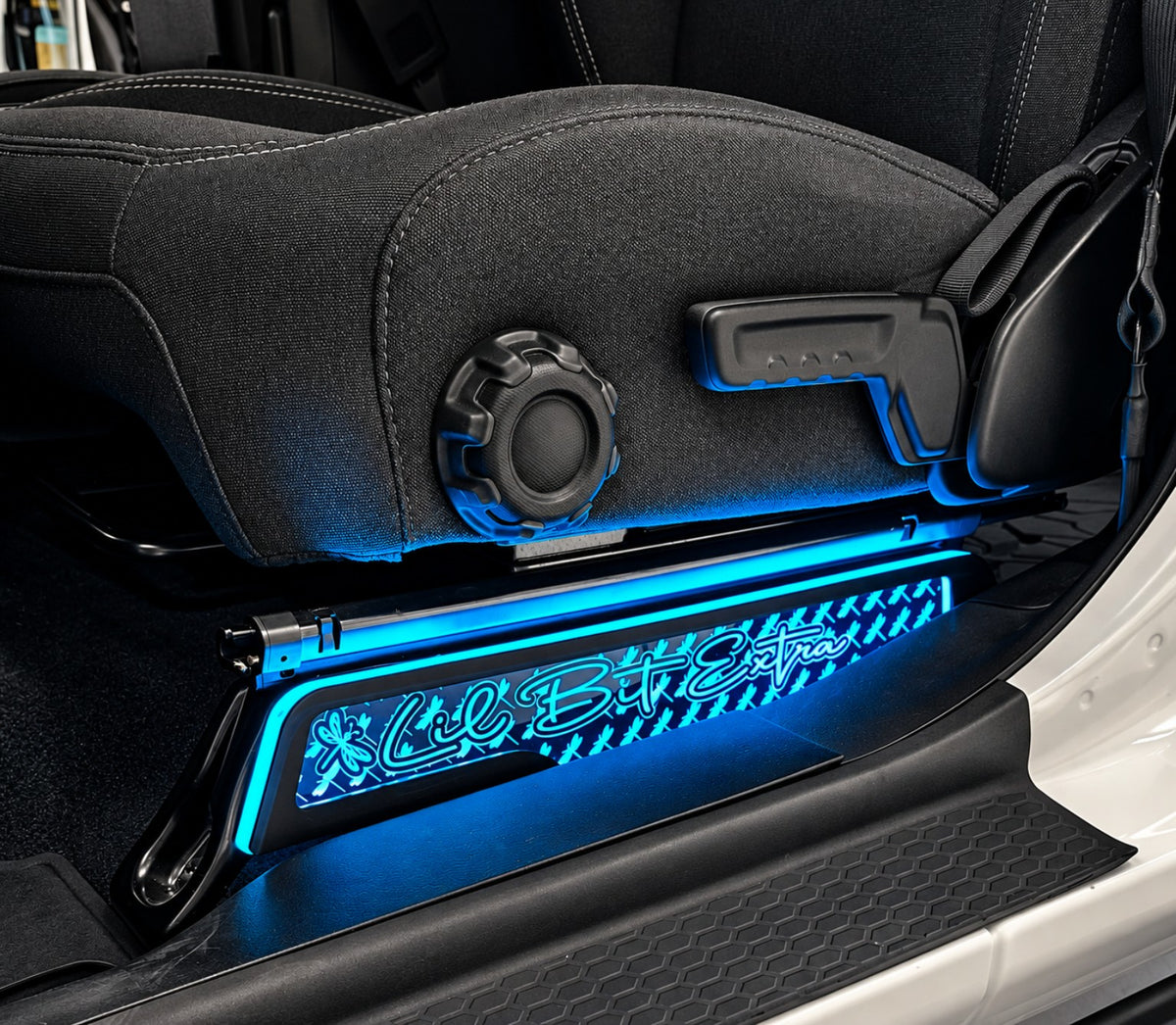 Lit FX Jeep JL JLU JT custom magnetic LED front seat-side cover with Lil Bit Extra artwork illuminated blue
