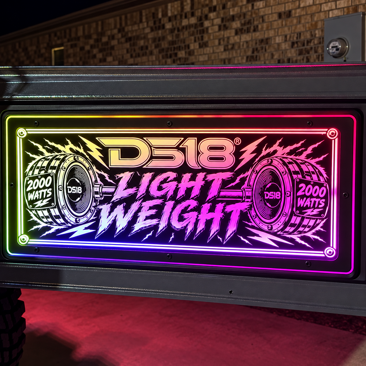 Lit FX Jeep Wrangler tailgate plaque with custom DS18 Light Weight artwork and pink purple RGB LEDs