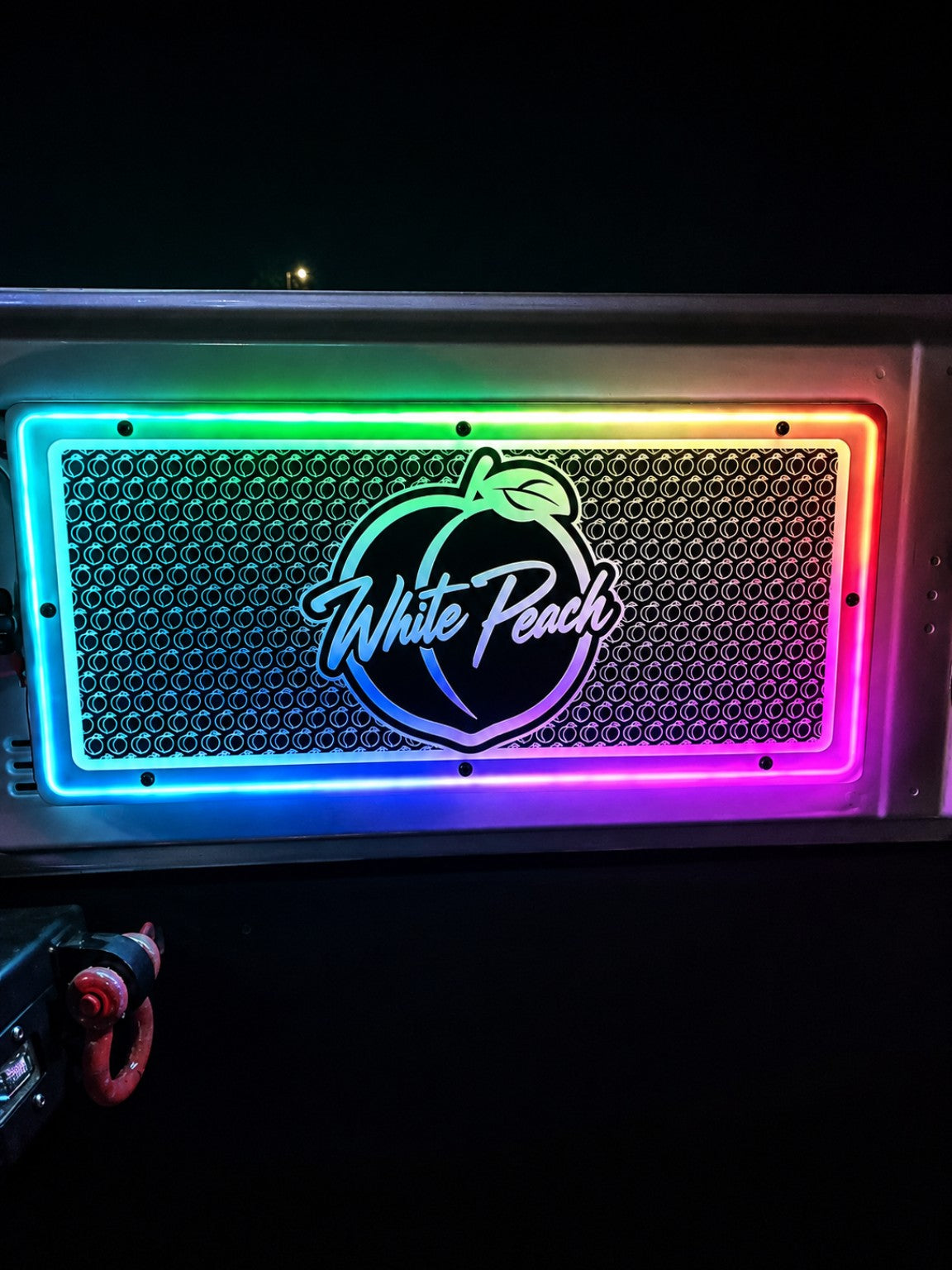 Lit FX custom engraved Jeep tailgate LED panel with White Peach artwork, RGB lighting, and screw-mounted installation