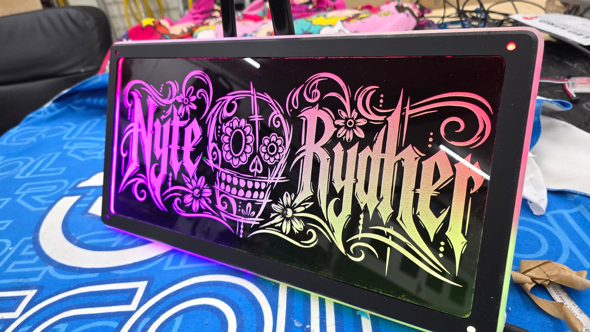 Lit FX custom Tri-Stack RGB illuminated Nite Ryder skull floral engraved acrylic plaque made by SMS Car Audio