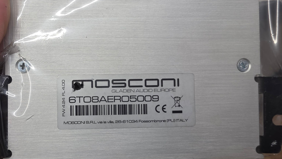 Mosconi DSP 6to8 Aerospace refurbished unit identification label showing firmware 4.24