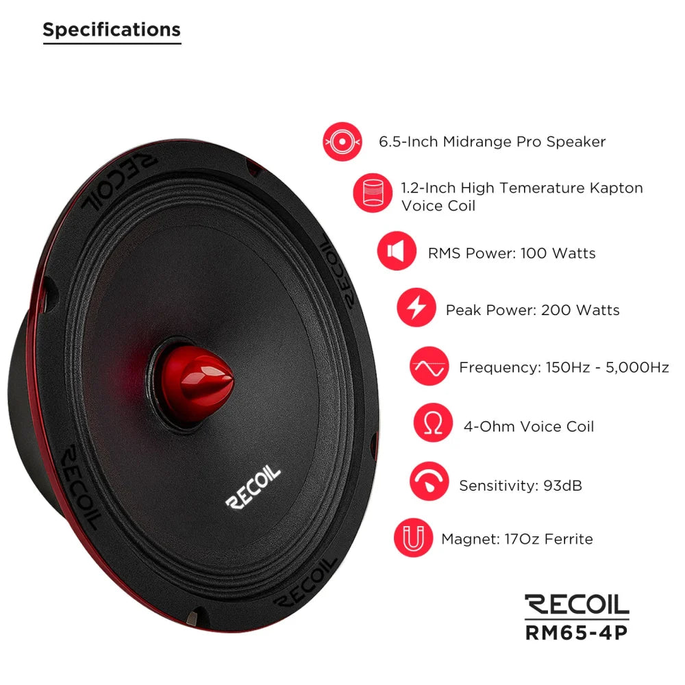 Recoil Rm65-4p 6.5″ Midrange Car Speakers Pair – 200w Rms