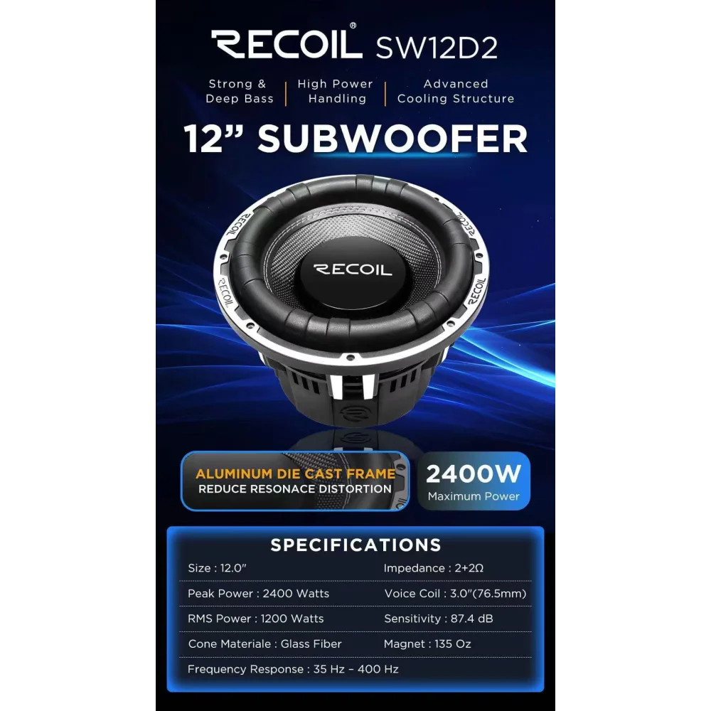 🔊 Recoil Sw12d2 12’’ Subwoofer 1200 Watts Rms - Sms Car