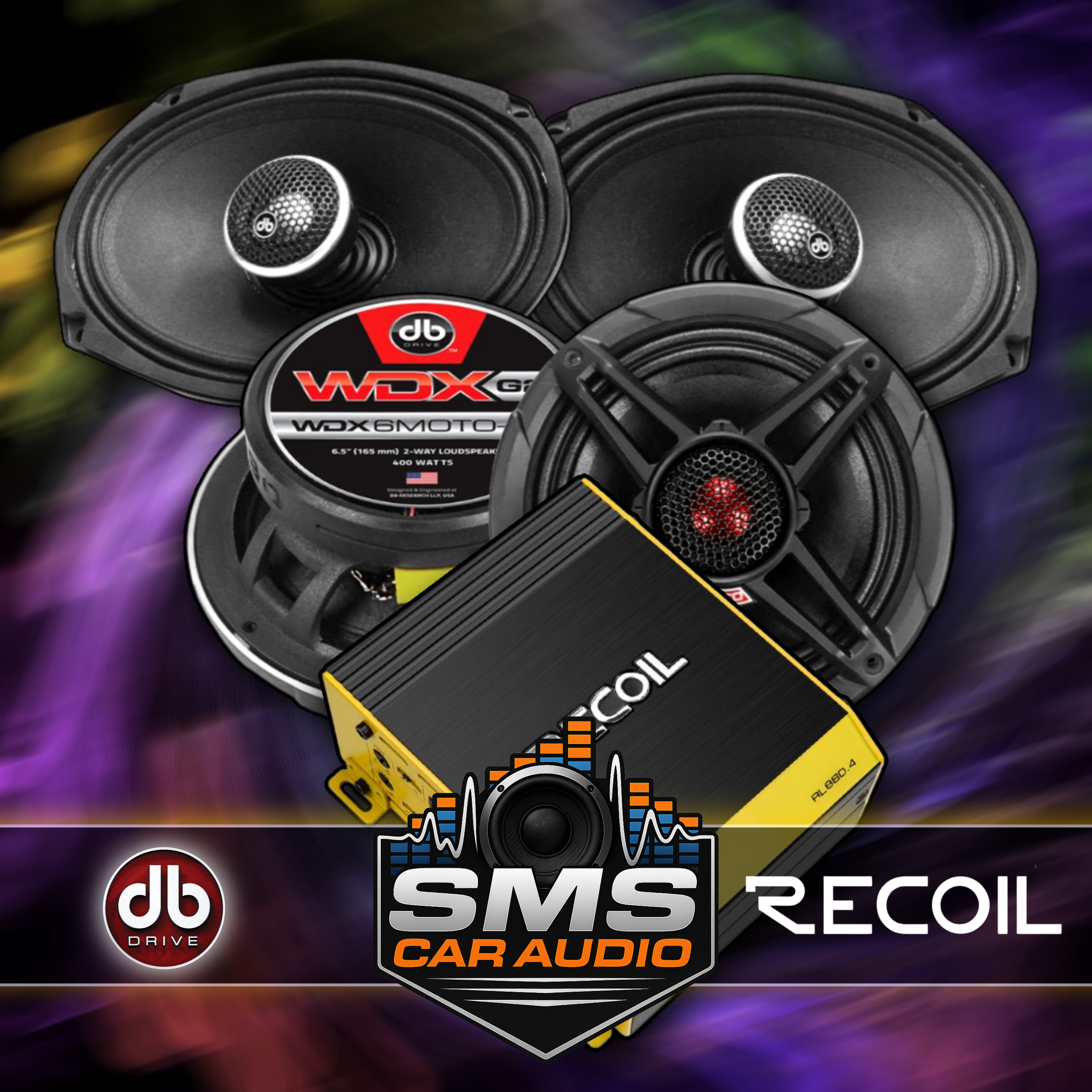 DB Drive Moto Bundle 6x9 & 6.5" With a Recoil RL 880.4 Amplifier Sale