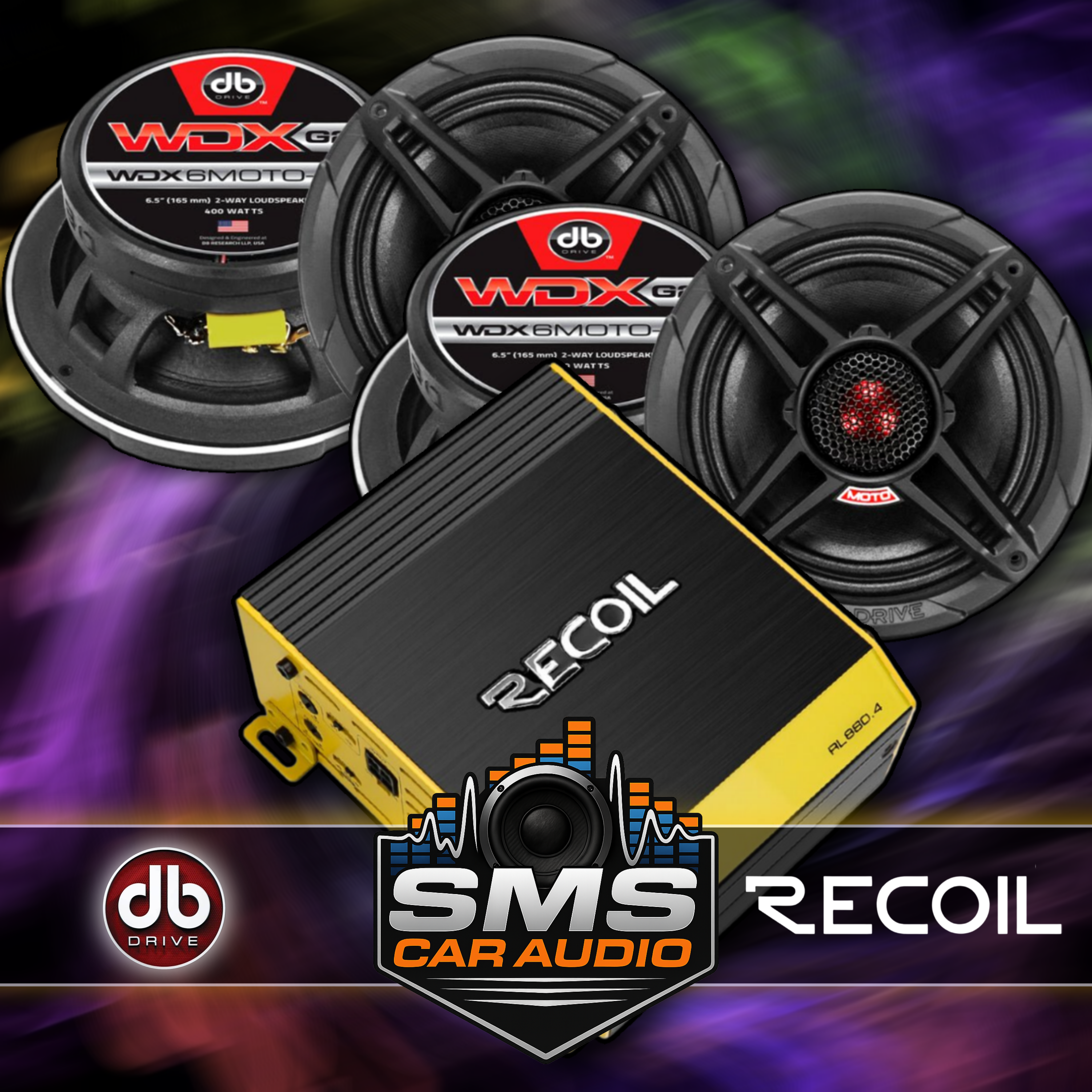 DB Drive WDX6MOTO-G2 6.5" Moto 2-Way Speakers 4 Pack (2 Pair) + Recoil RL 880.4 4-Channel Amplifier Bundle Sale