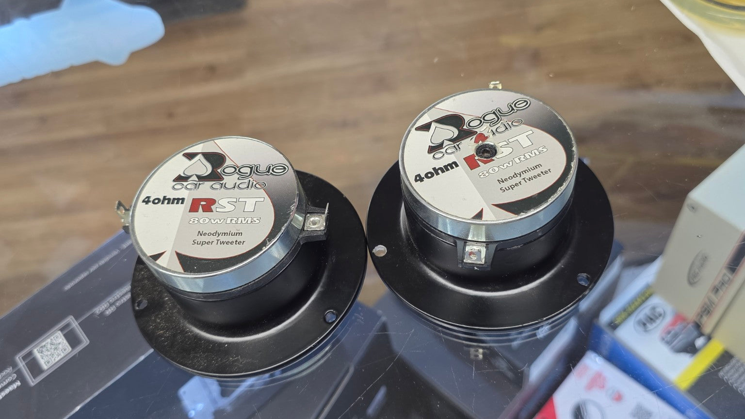 Used Rogue Car Audio RST 4-ohm 80W RMS neodymium super tweeters pair - rear label view