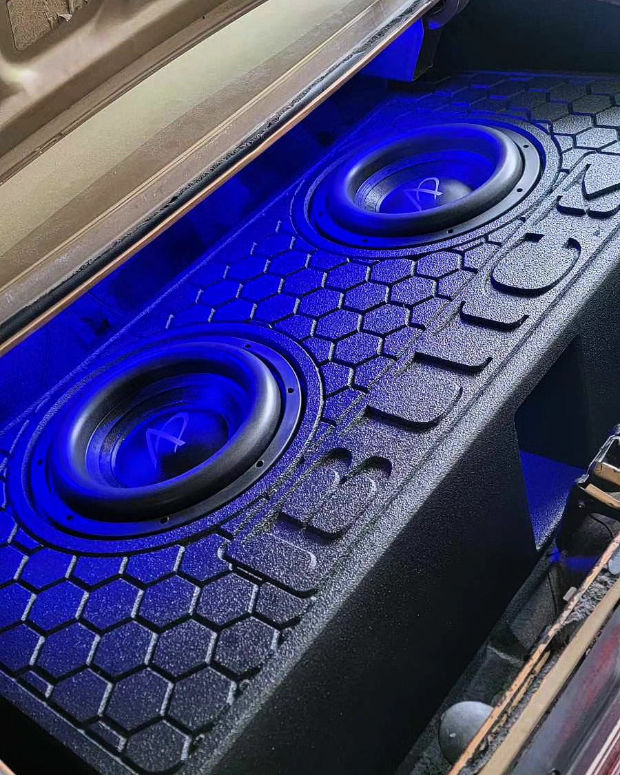 1975 Buick Century custom enclosure with dual Audio Dynamics 5000 Series 12-inch subwoofers by SMS Car Audio