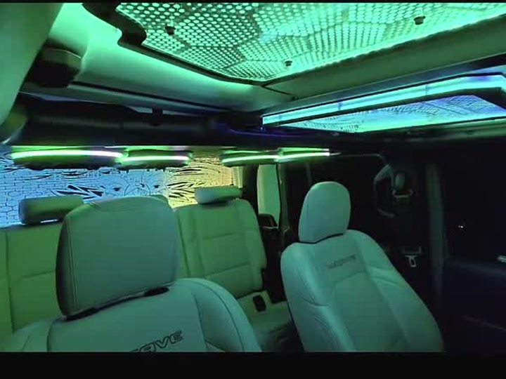 Illuminated LitFX rear roof panel installed inside a Jeep Gladiator.