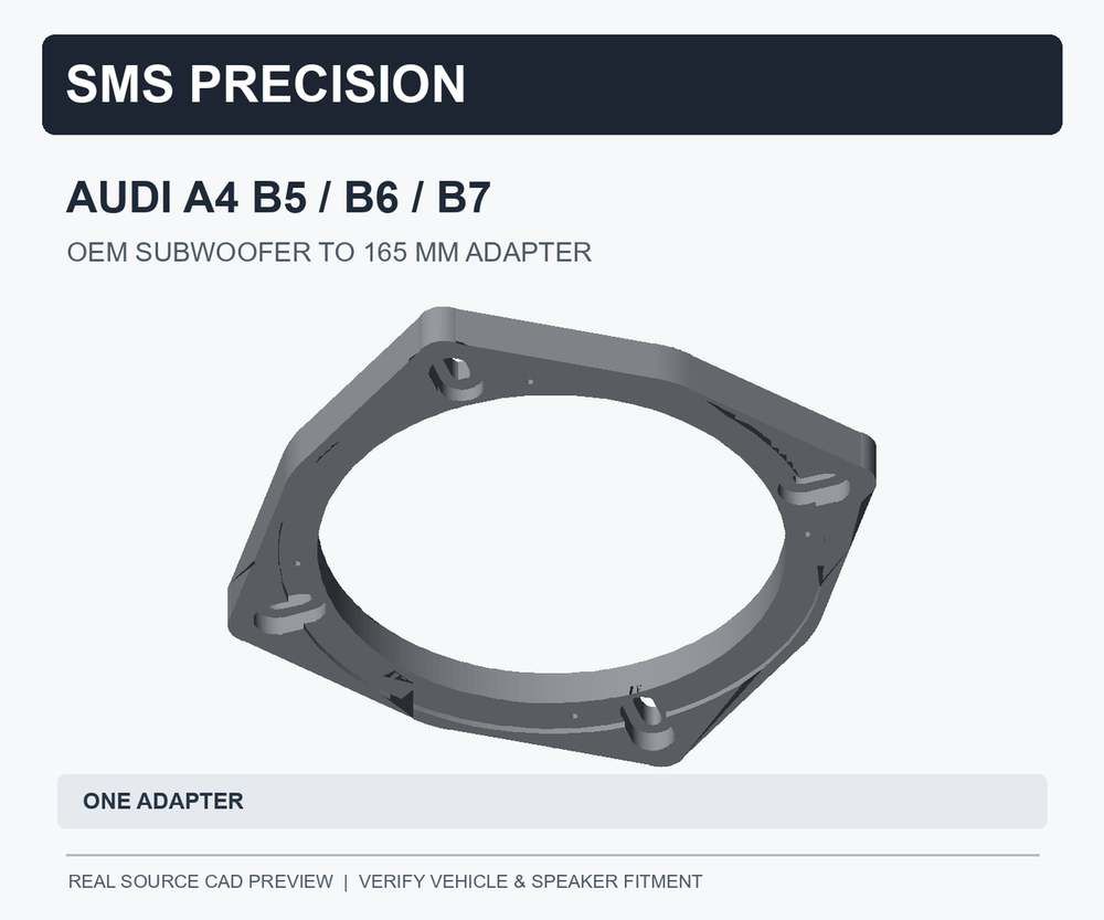 Source CAD preview of SMS Precision Audi A4 B5/B6/B7 OEM subwoofer-to-165mm speaker adapter, sold individually