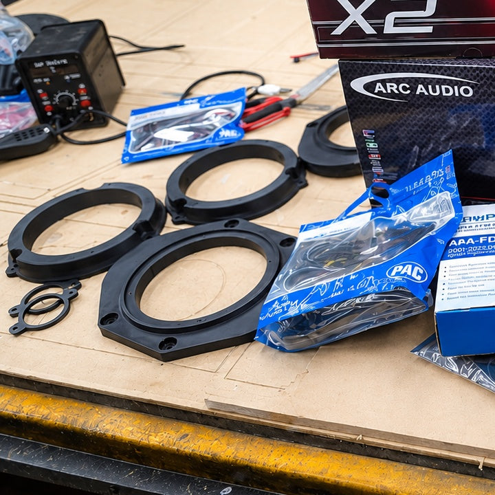 SMS Precision 3D-printed Ford 2015-up speaker adapter rings during system preparation at SMS Car Audio