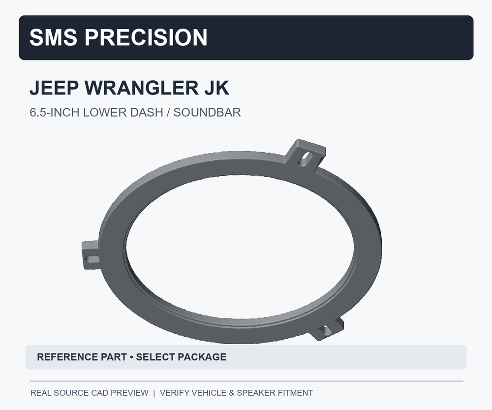 Reference CAD of Jeep Wrangler JK 6.5-inch mounting adapter for lower dash or soundbar; select exact package