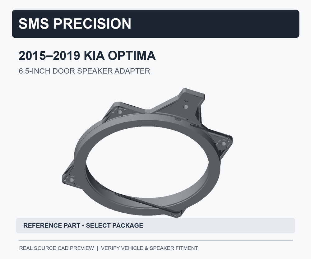 Reference CAD of 2015–2019 Kia Optima 6.5-inch speaker adapter; select front/rear door package and verify fit