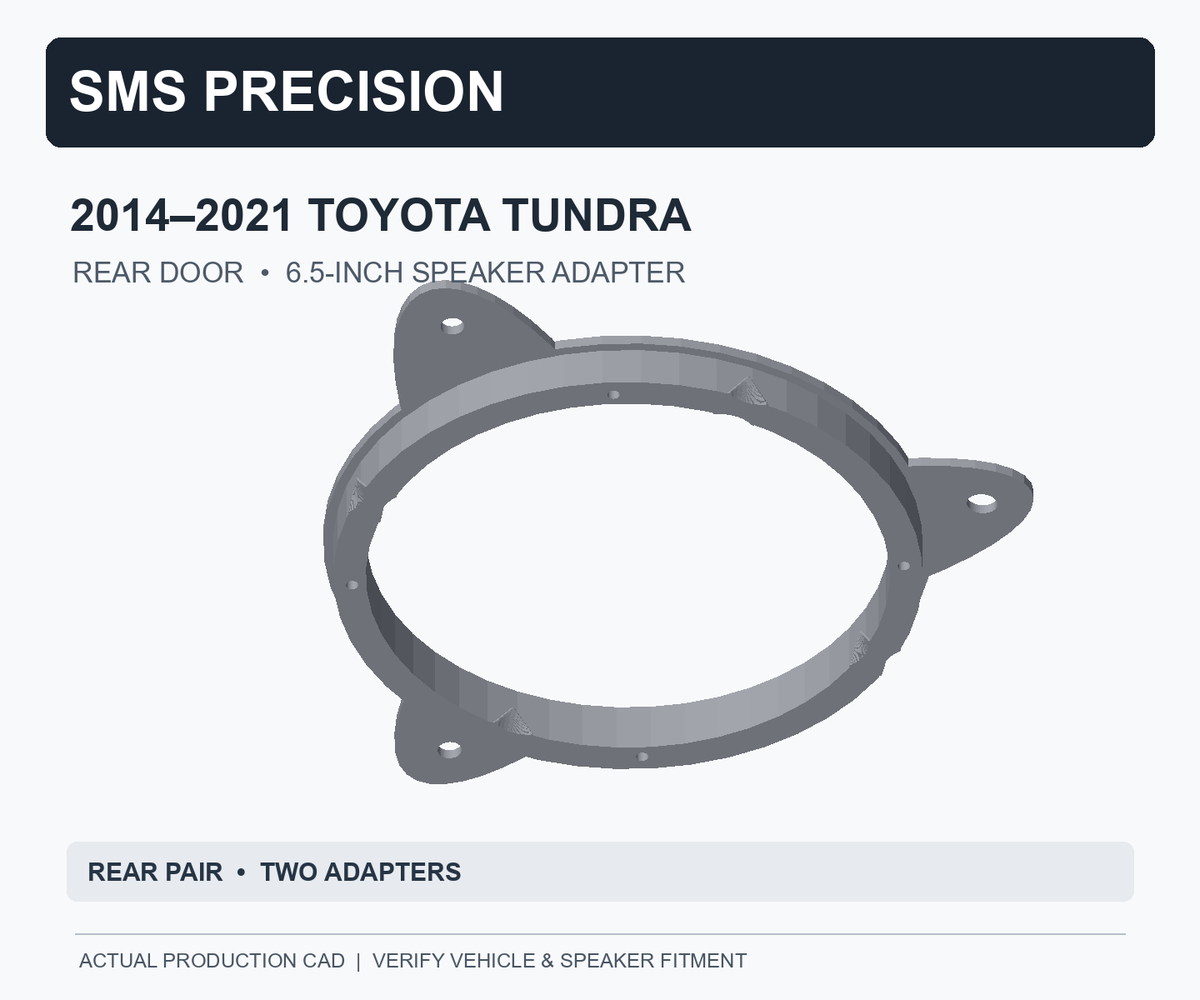 SMS Precision rebuilt 2014–2021 Toyota Tundra rear 6.5-inch speaker adapter — uninterrupted continuous rim, actual CAD model, sold as pair