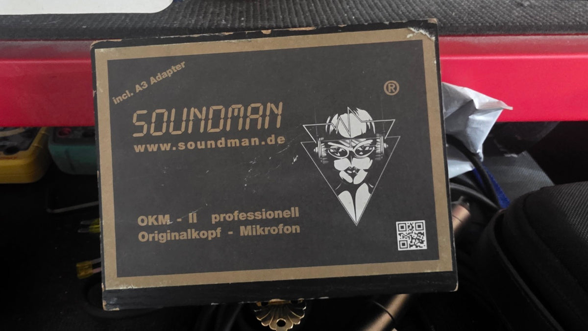 Original Soundman OKM II Professional box label with A3 Adapter notation and storage wear