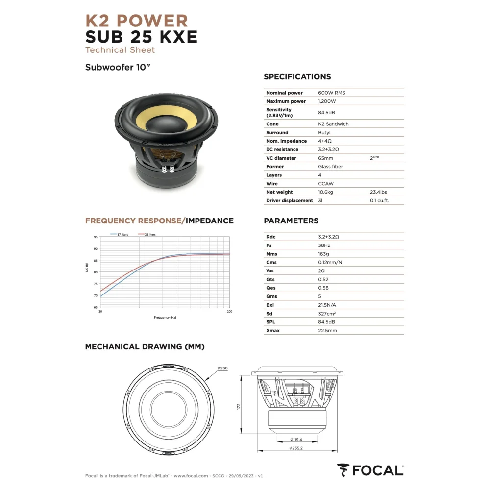 Sub 25 Kxe Focal K2 Power Evo 10’’ Subwoofer 600w Rms 4