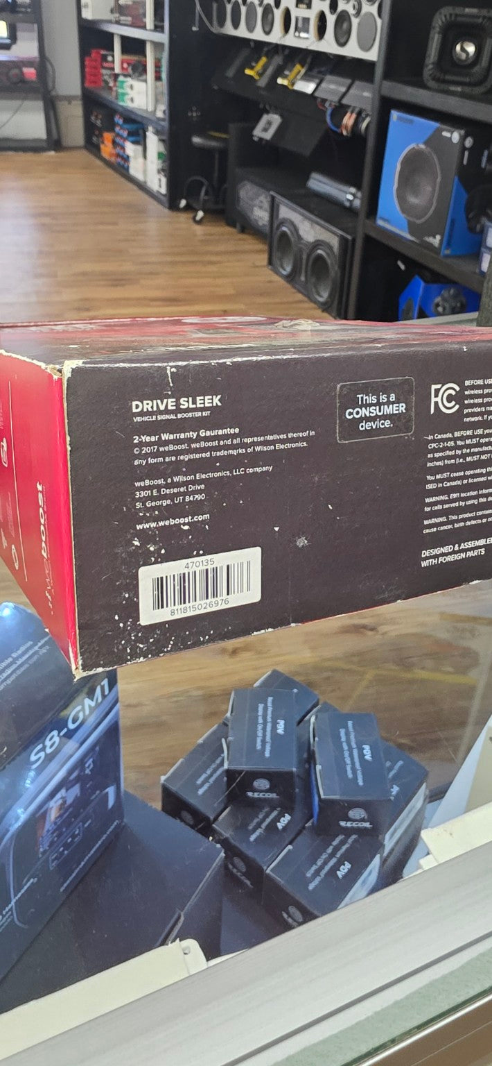 weBoost Drive Sleek 470135 vehicle signal booster kit box UPC and model label