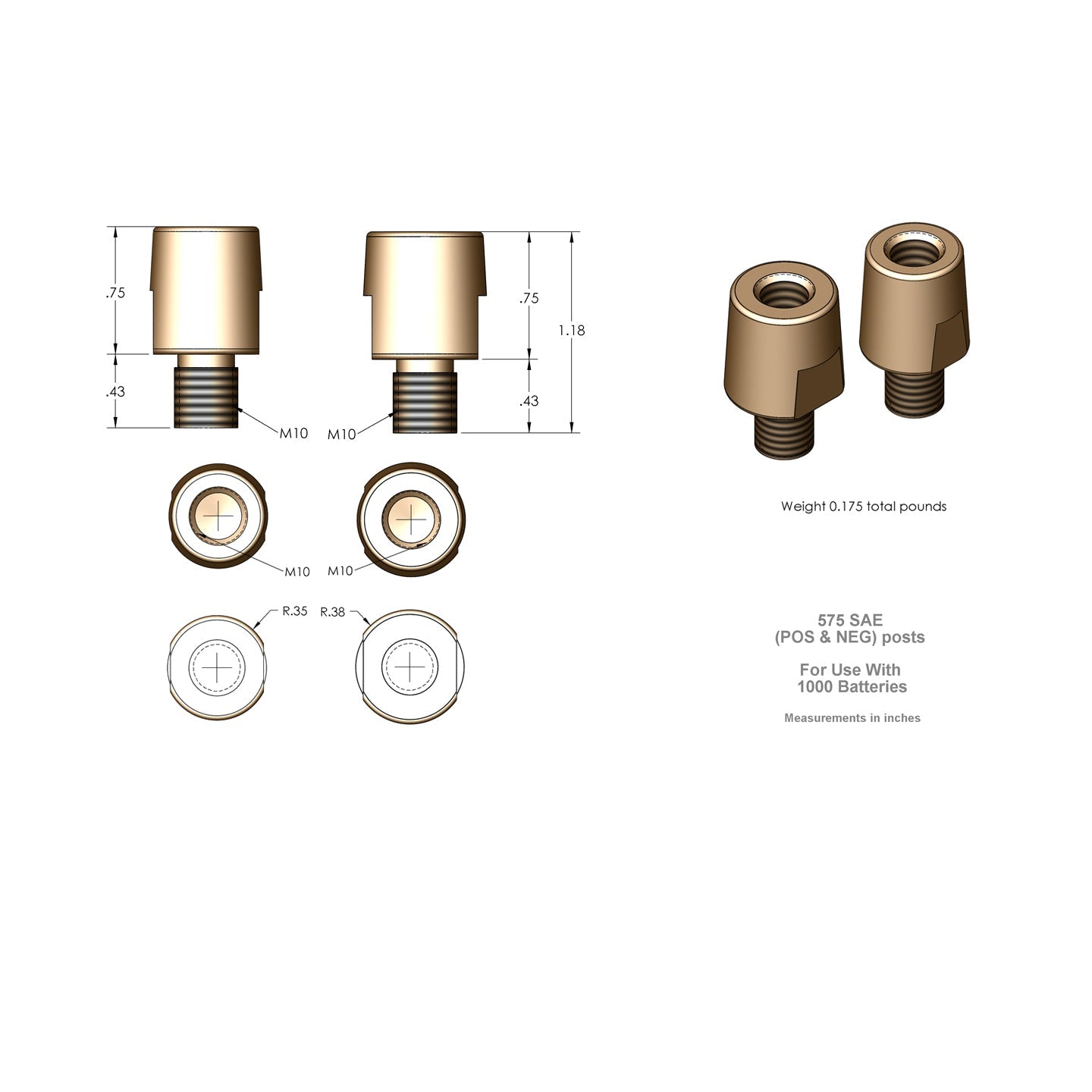 XS Power 575 XP1000 Brass Post Adaptors and Bolts M10 Threads